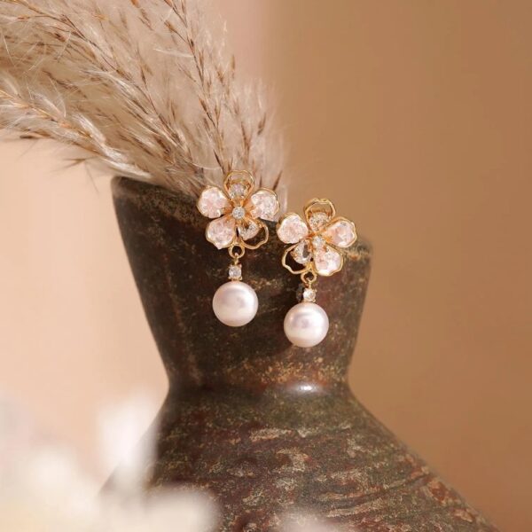 pink flower freshwater pearl earrings