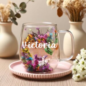 handcrafted glass mugs with real dried flower
