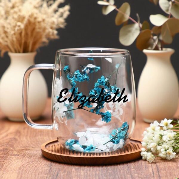 handcrafted glass mugs with real dried flower
