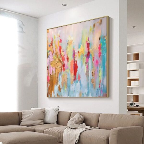 large pink abstract oil painting gold leaf textured canvas