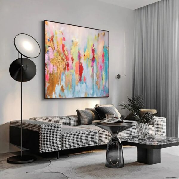 large pink abstract oil painting gold leaf textured canvas