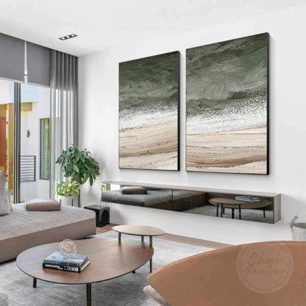set of 2 sage green painting original abstract art