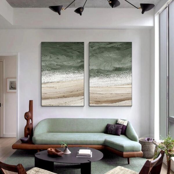 set of 2 sage green painting original abstract art
