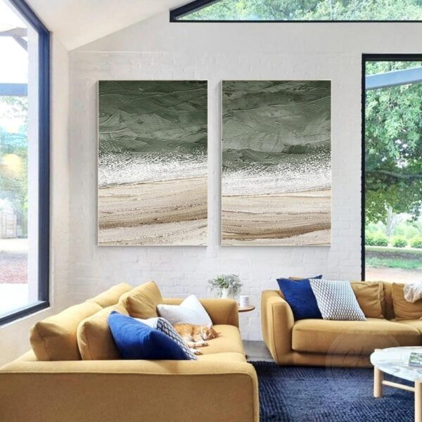 set of 2 sage green painting original abstract art
