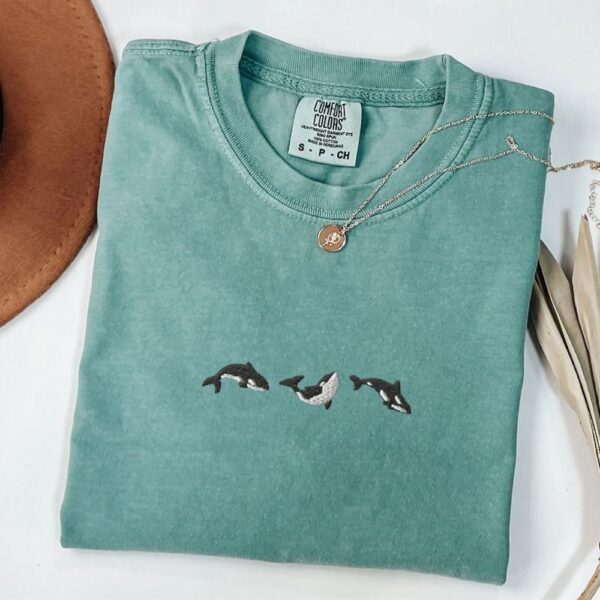 embroidered trio of orcas comfort colors t shirt
