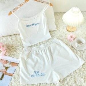 mrs. pajama set with embroidered detailing for bride