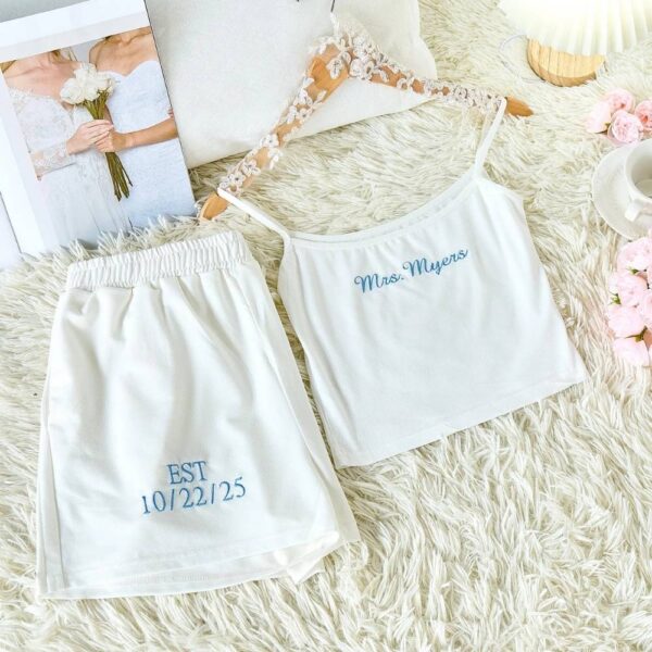 mrs. pajama set with embroidered detailing for bride