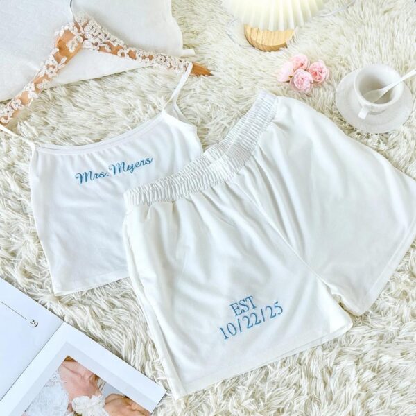 mrs. pajama set with embroidered detailing for bride