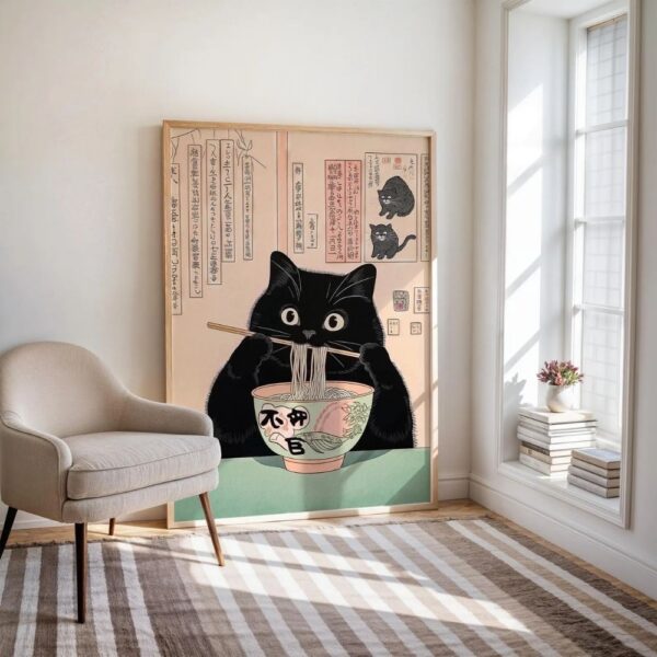 black cat eating noodles