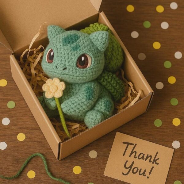 handmade bulbasaur crochet plushie with flower & vine charm