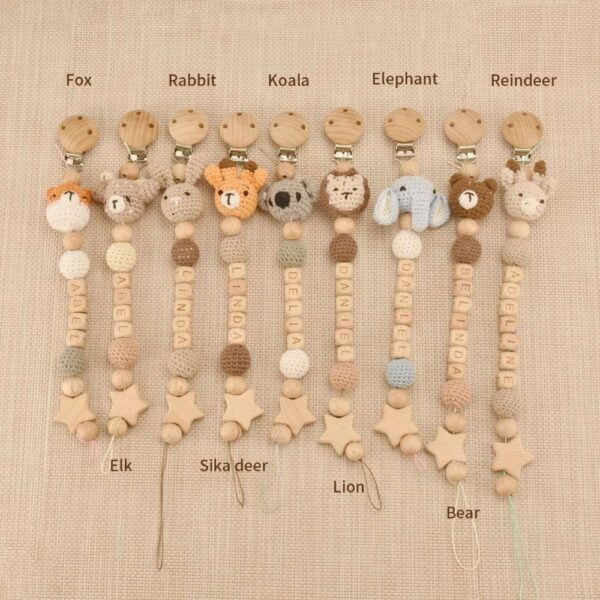 personalized dummy clip with crocheted animal